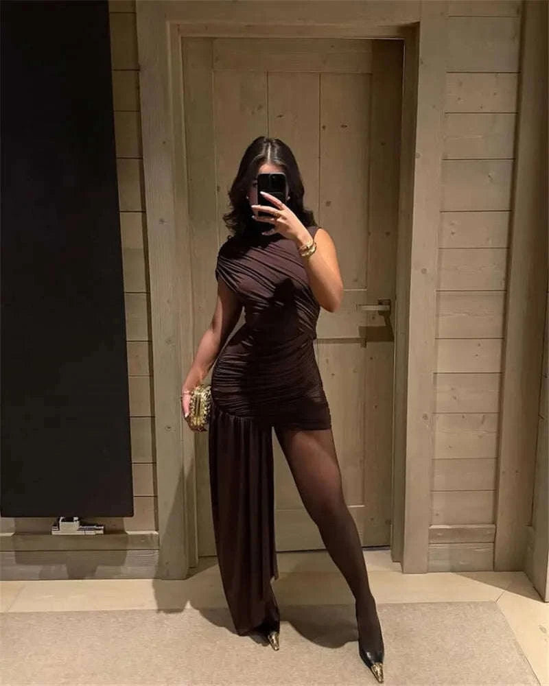 Elegant Irregular Draped Ruched Dress-Coffee / L