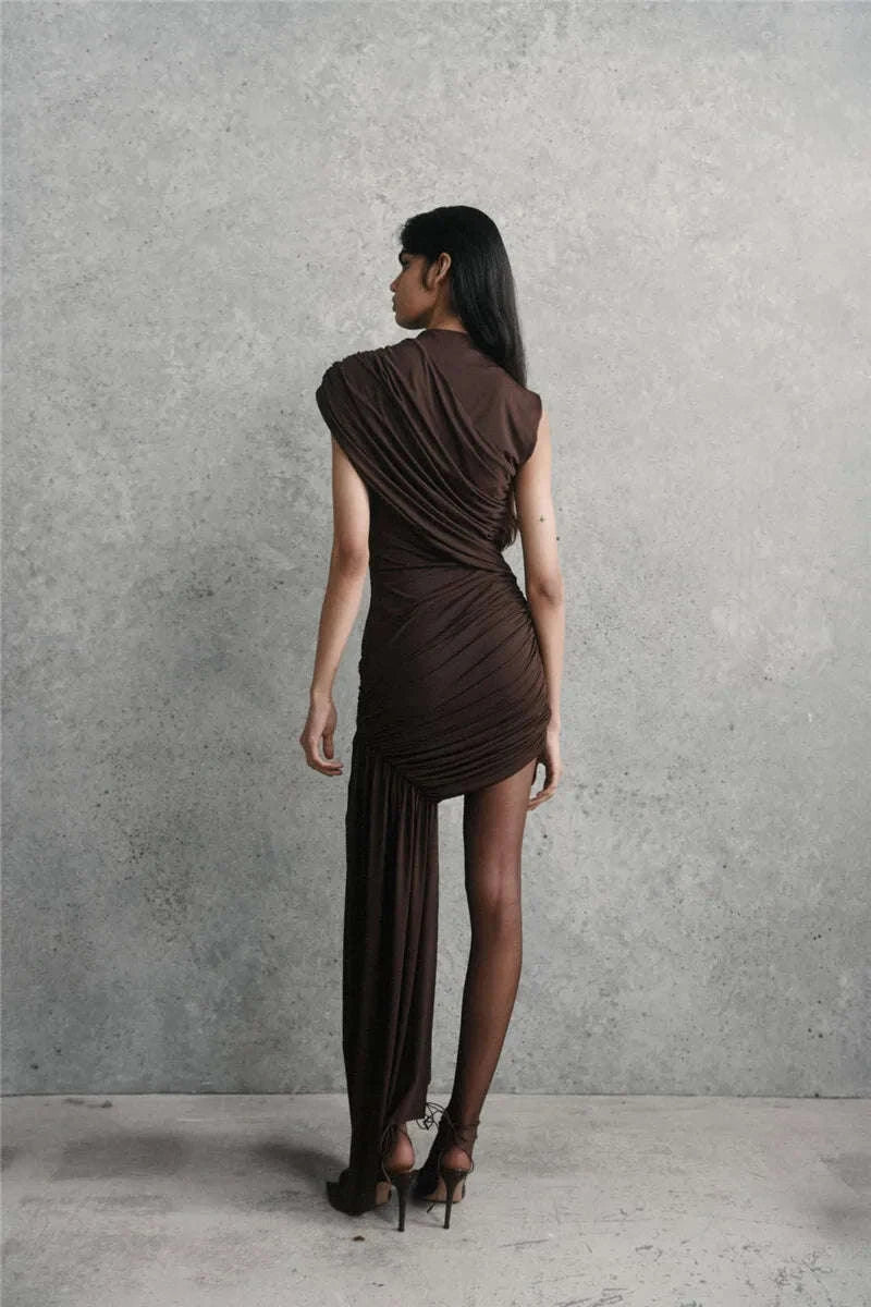 Elegant Irregular Draped Ruched Dress-Coffee / L