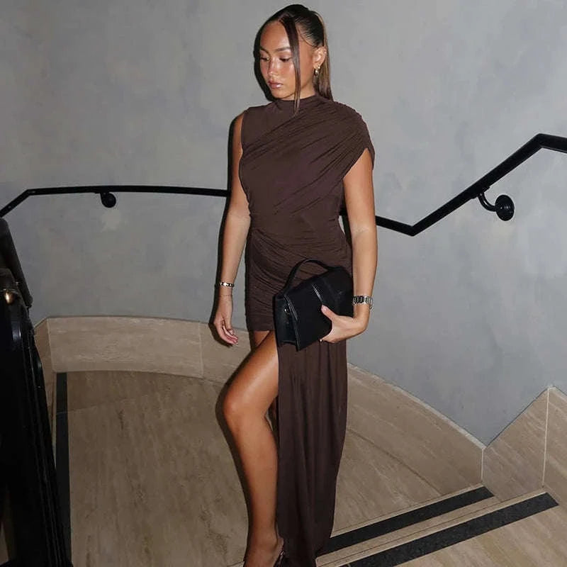 Elegant Irregular Draped Ruched Dress-Coffee / L