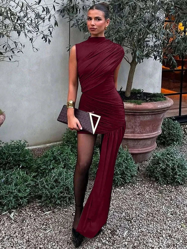 Elegant Irregular Draped Ruched Dress for a Flattering Look-Coffee / L