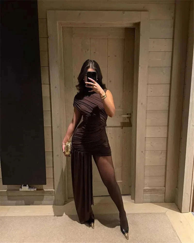 Elegant Irregular Draped Ruched Dress for a Flattering Look-Coffee / L