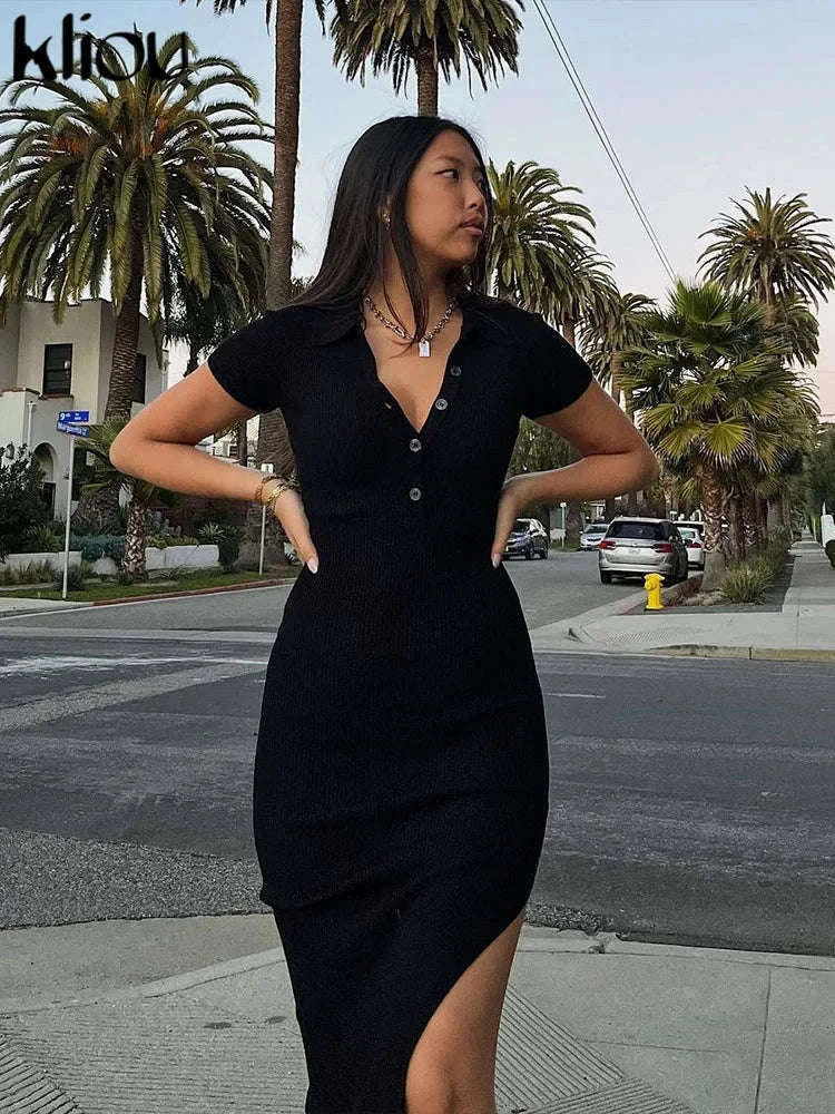 Elegant Office Maxi Dress with Side Slit and Polished Fit-black / S