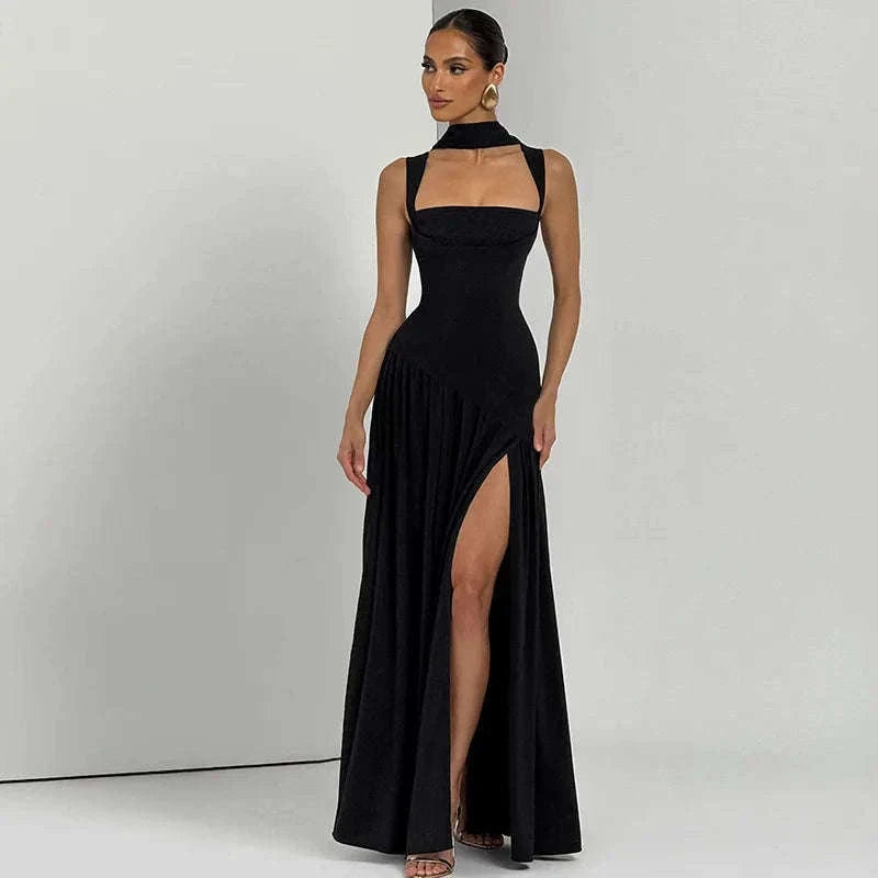 Elegant Sleeveless High Waist Slit Dress with Belted Sash-S / Navy blue