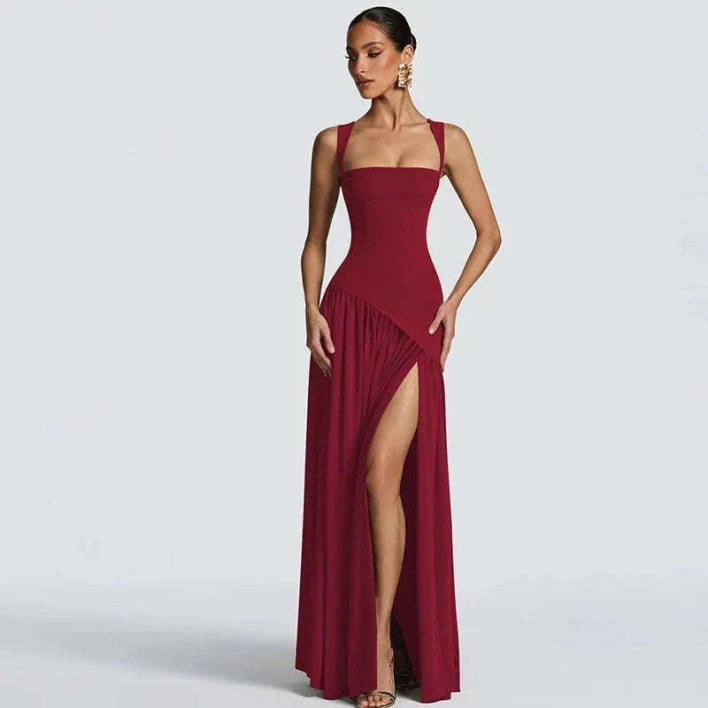 Elegant Sleeveless High Waist Slit Dress with Belted Sash-S / Navy blue