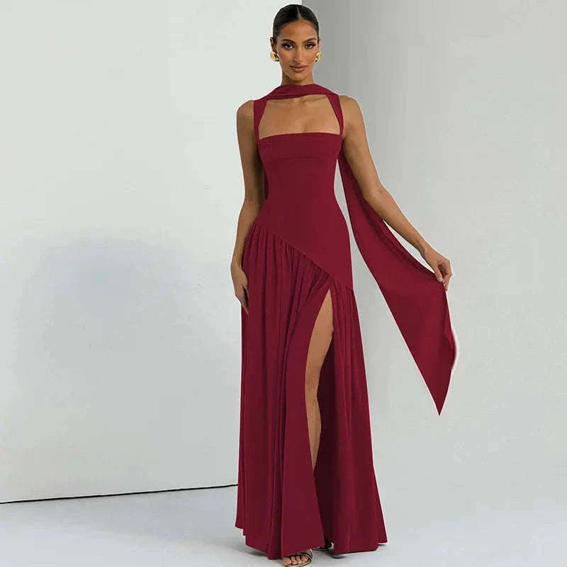 Elegant Sleeveless High Waist Slit Dress with Belted Sash-S / Navy blue