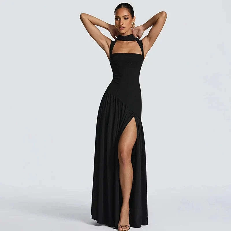 Elegant Sleeveless High Waist Slit Dress with Belted Sash-S / Navy blue