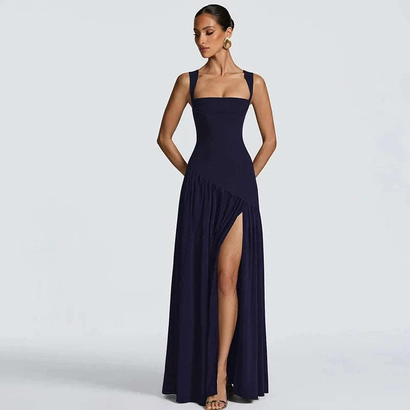 Elegant Sleeveless High Waist Slit Dress with Belted Sash-S / Navy blue