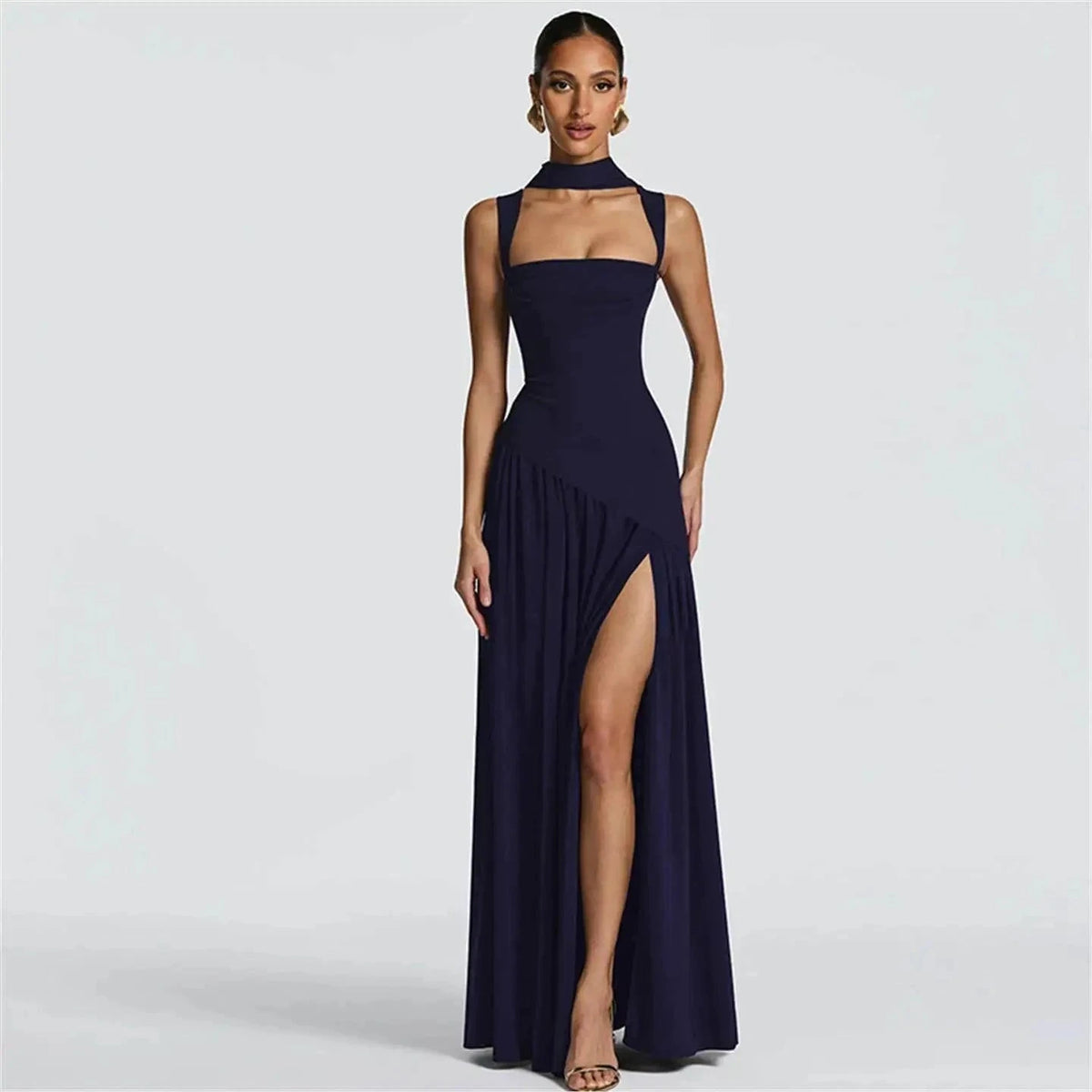 Elegant Sleeveless High Waist Slit Dress with Belted Sash-S / Navy blue