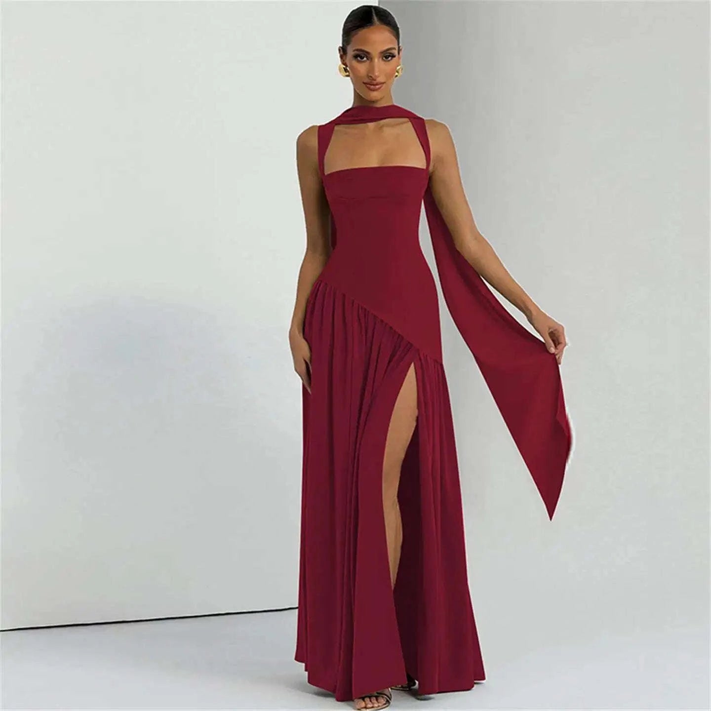 Elegant Sleeveless High Waist Slit Dress with Belted Sash-S / Navy blue