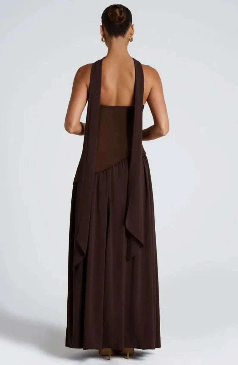 Elegant Strapless Floor-Length Women’s Slit Backless Evening Dress-Brown / XL