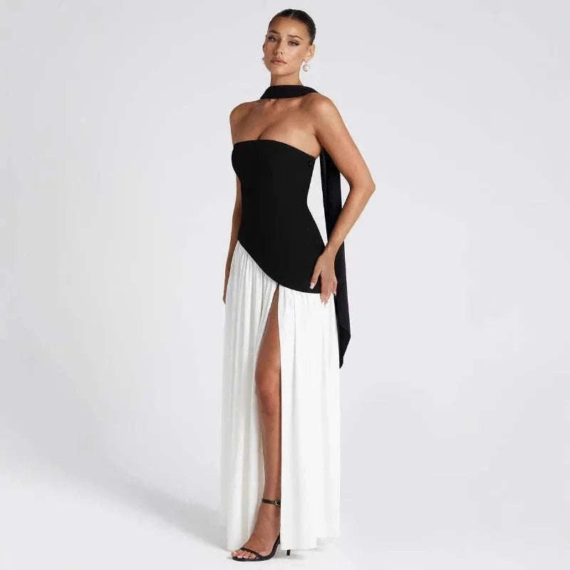 Elegant Strapless Floor-Length Women’s Slit Backless Evening Dress-Brown / XL