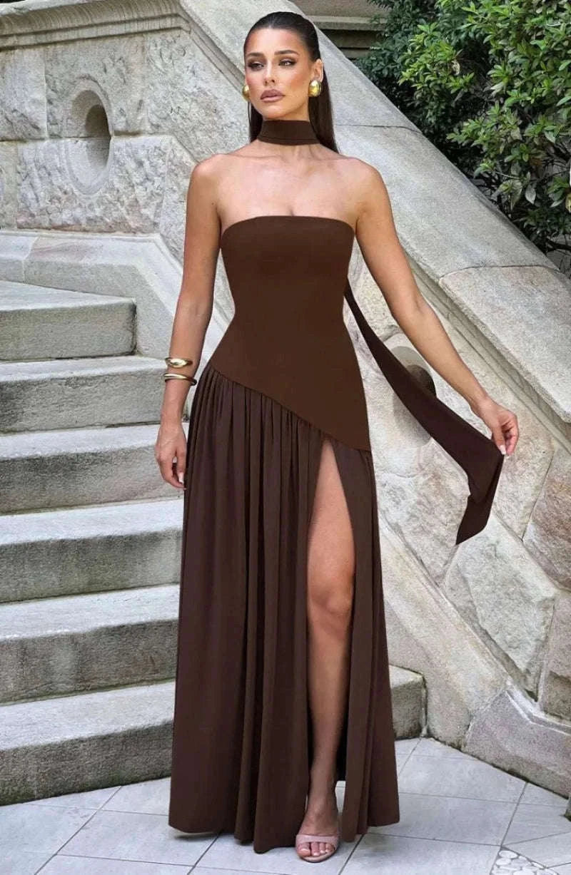 Elegant Strapless Floor-Length Women’s Slit Backless Evening Dress-Brown / XL