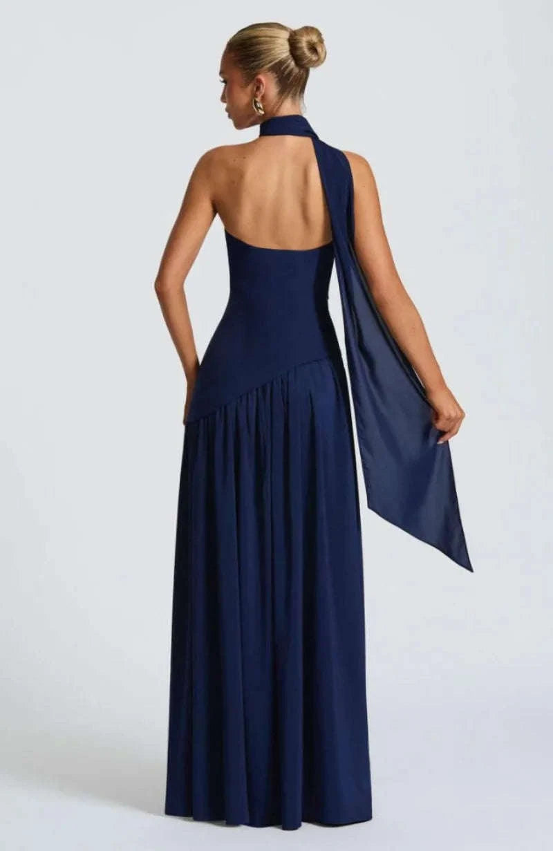 Elegant Strapless Floor-Length Women’s Slit Backless Evening Dress-Brown / XL