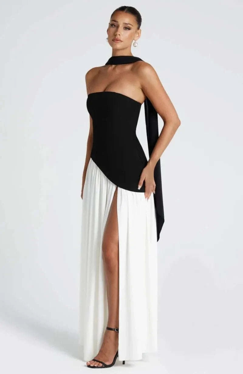 Elegant Strapless Floor-Length Women’s Slit Backless Evening Dress-Brown / XL