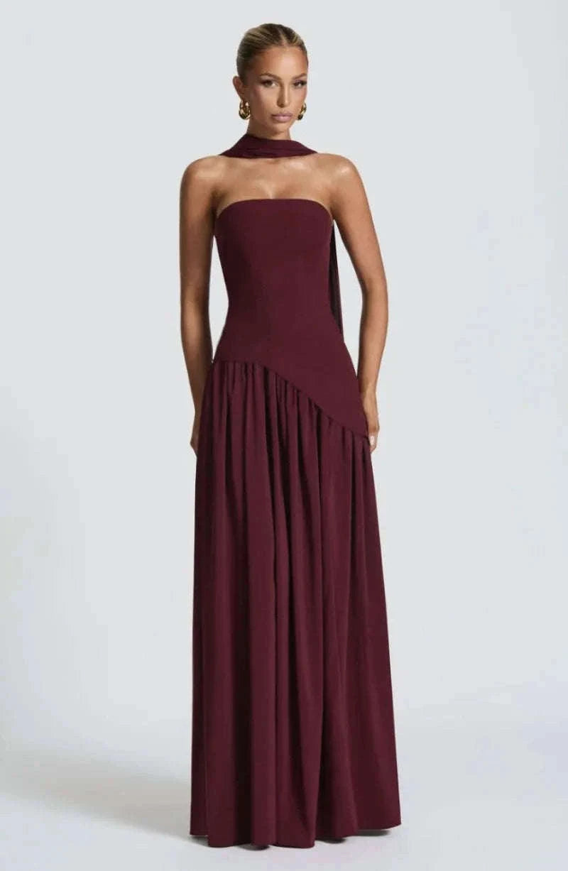 Elegant Strapless Floor-Length Women’s Slit Backless Evening Dress-Brown / XL