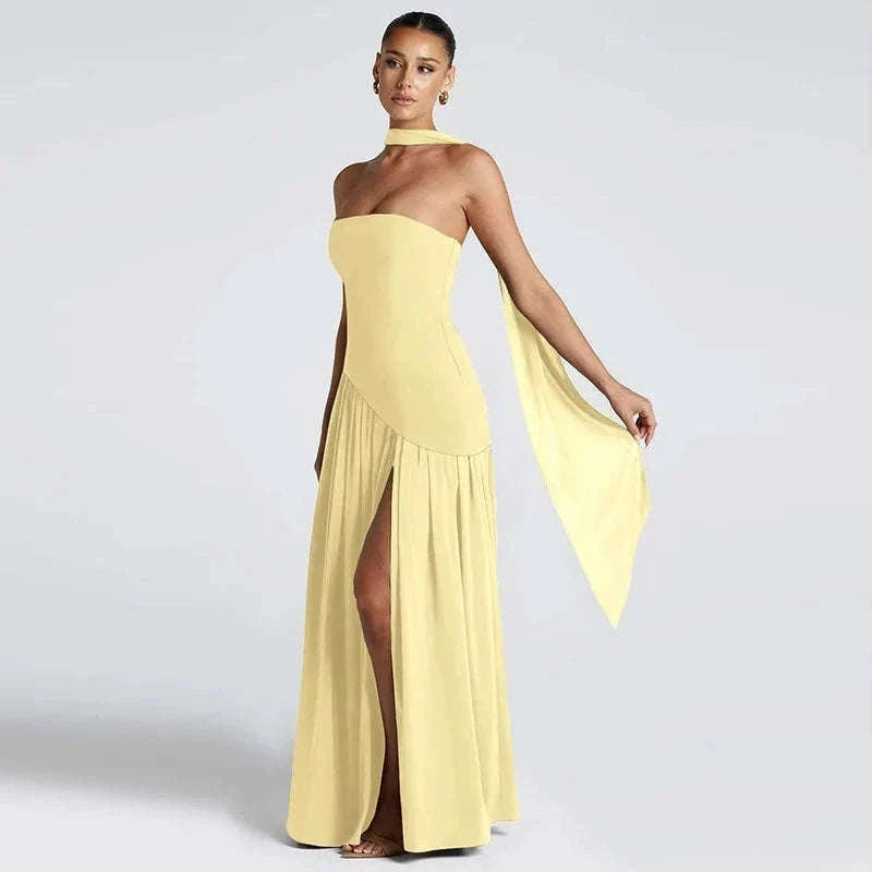 Elegant Strapless Floor-Length Women’s Slit Backless Evening Dress-Brown / XL
