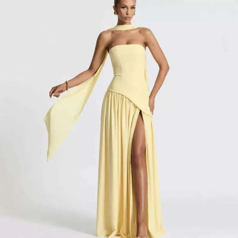 Elegant Strapless Floor-Length Women’s Slit Backless Evening Dress-Brown / XL
