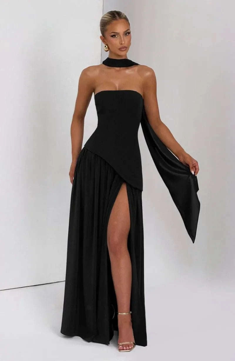 Elegant Strapless Floor-Length Women’s Slit Backless Evening Dress-Brown / XL