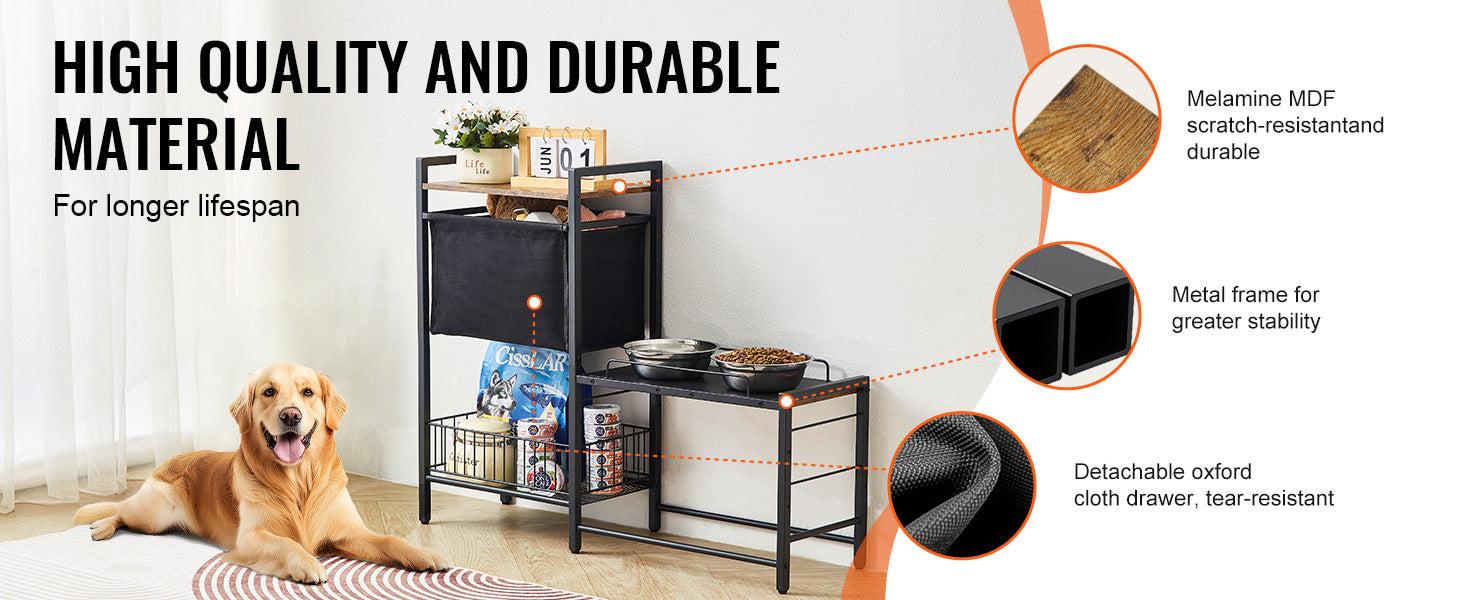 Pet Feeding Station with Storage, Elevated Dog Bowl Stand