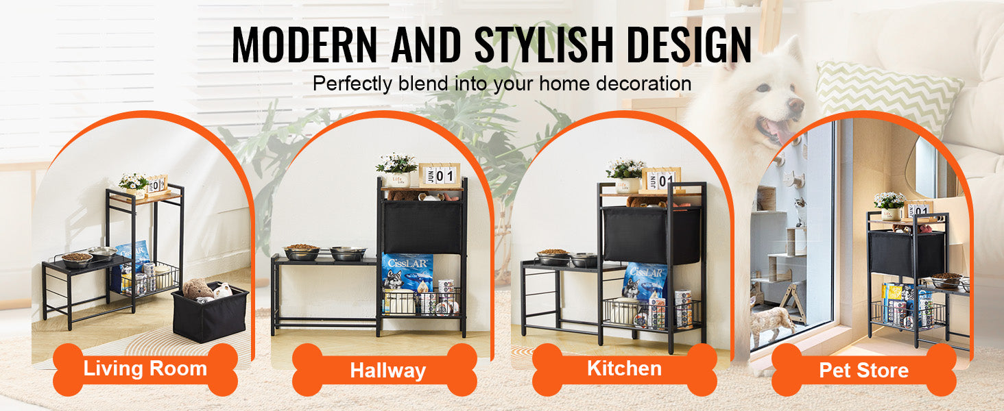 Pet Feeding Station with Storage, Elevated Dog Bowl Stand