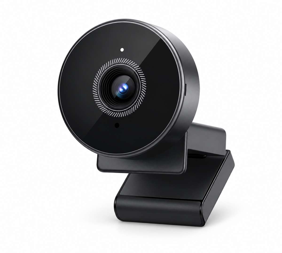 Black round webcam with monitor clip on white background