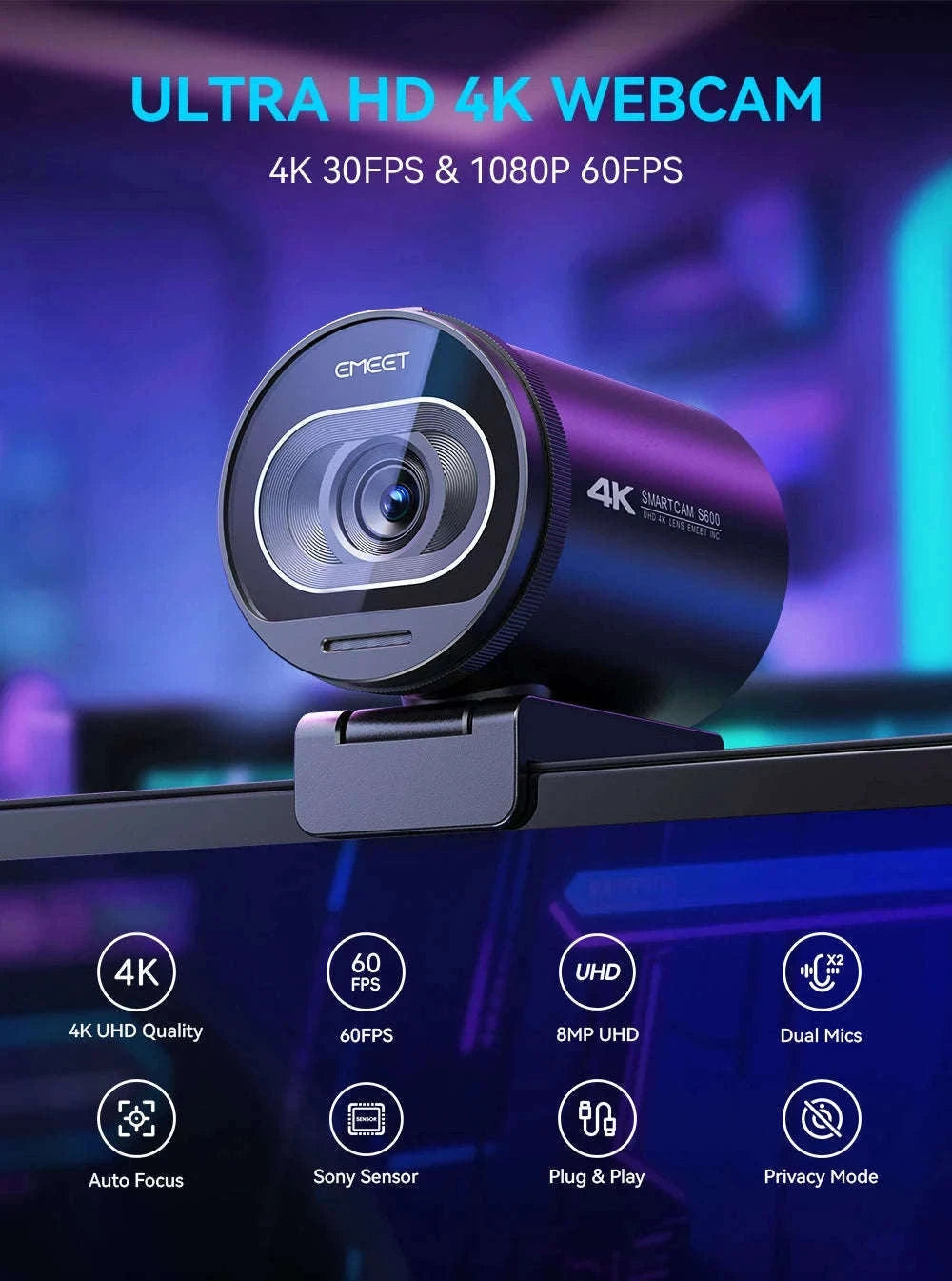 EMEET S600 4K Streaming Webcam with Autofocus and Dual Mics-Webcam 4K