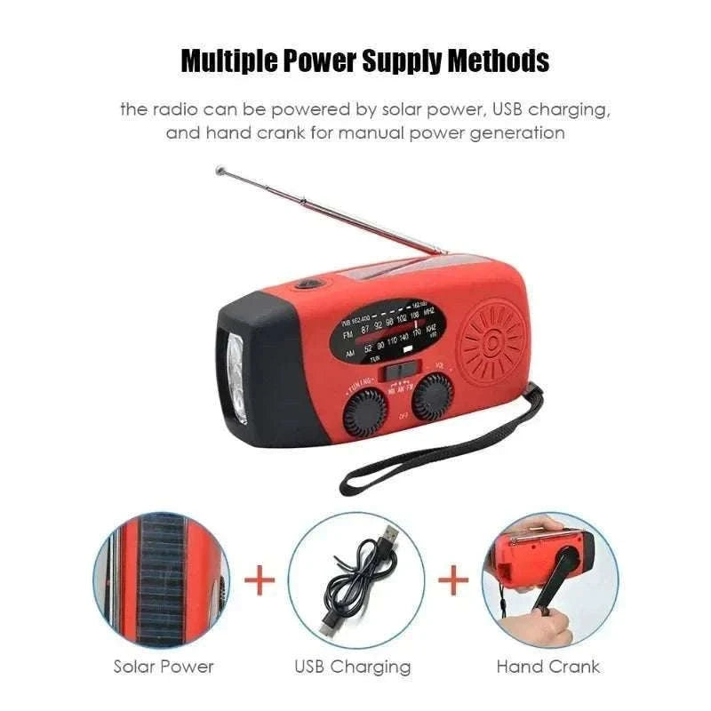Emergency Hand Crank Radio with Solar Power and LED Light-red