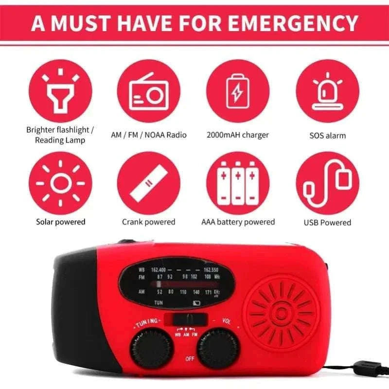 Emergency Hand Crank Radio with Solar Power and LED Light-red