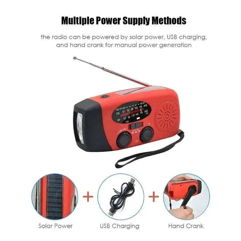 Emergency Hand Crank Radio with Solar Power and LED Light-red