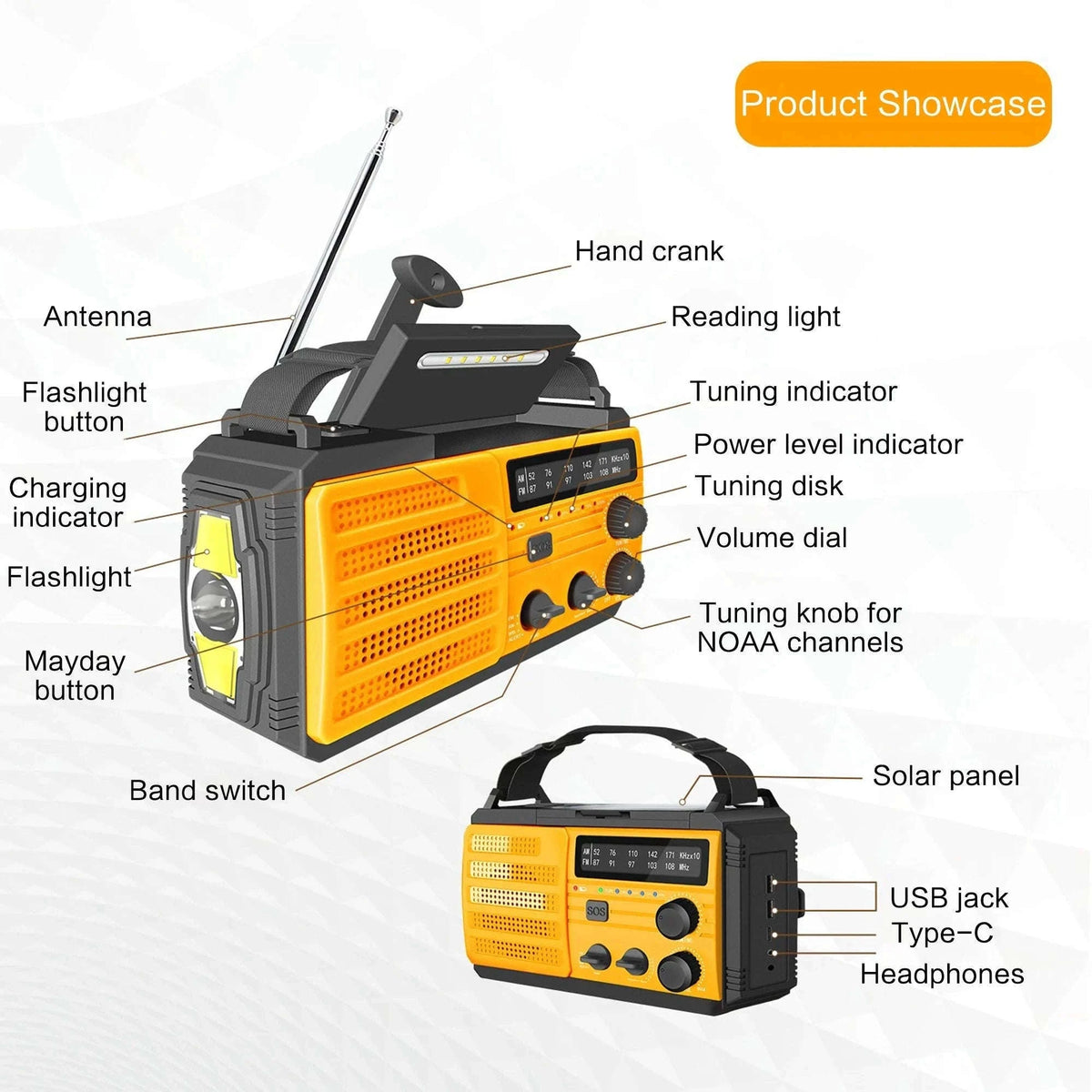 Emergency Weather Radio with Hand Crank and Solar Charging-Style D Orange