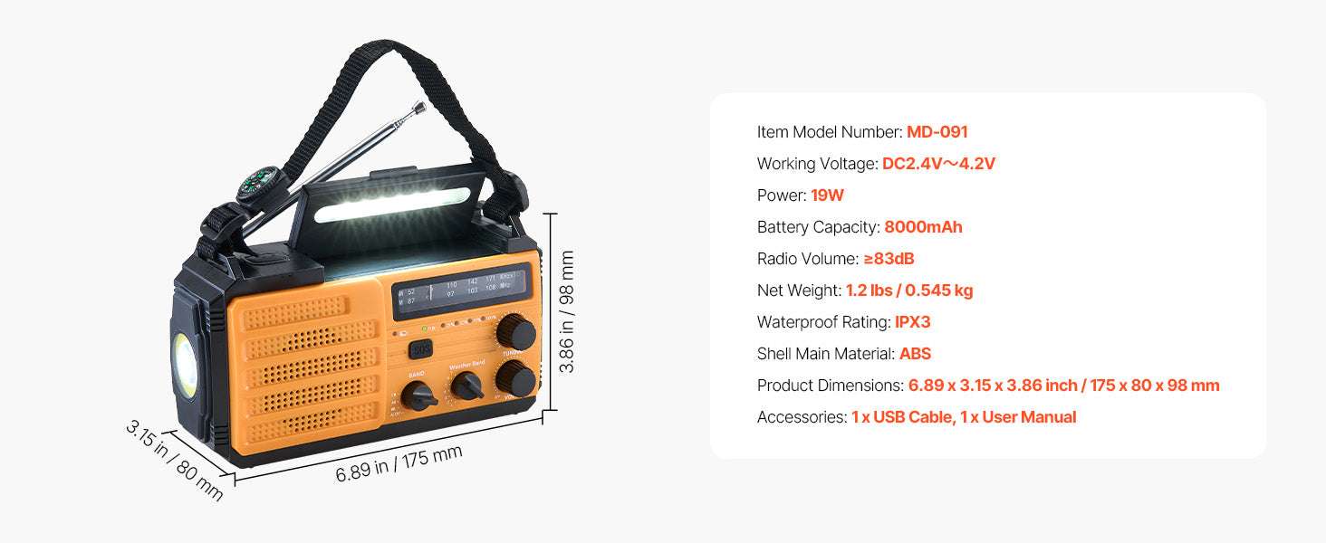 Emergency Weather Radio with NOAA Alert, Hand Crank & Solar Power-Dual Knob / United States