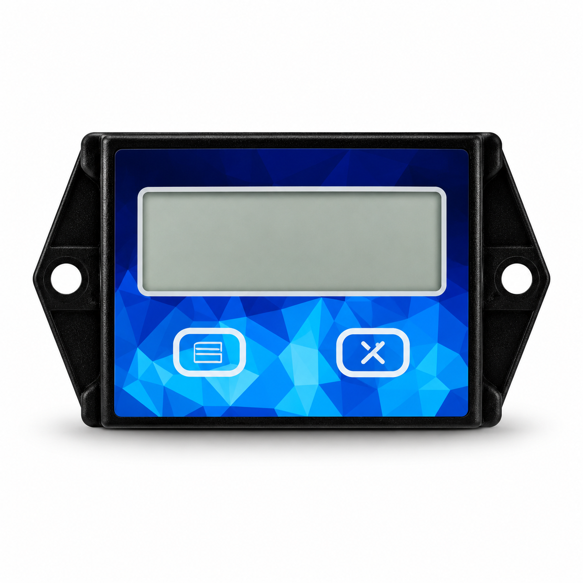 Black digital engine hour meter with blue face and blank LCD on white background