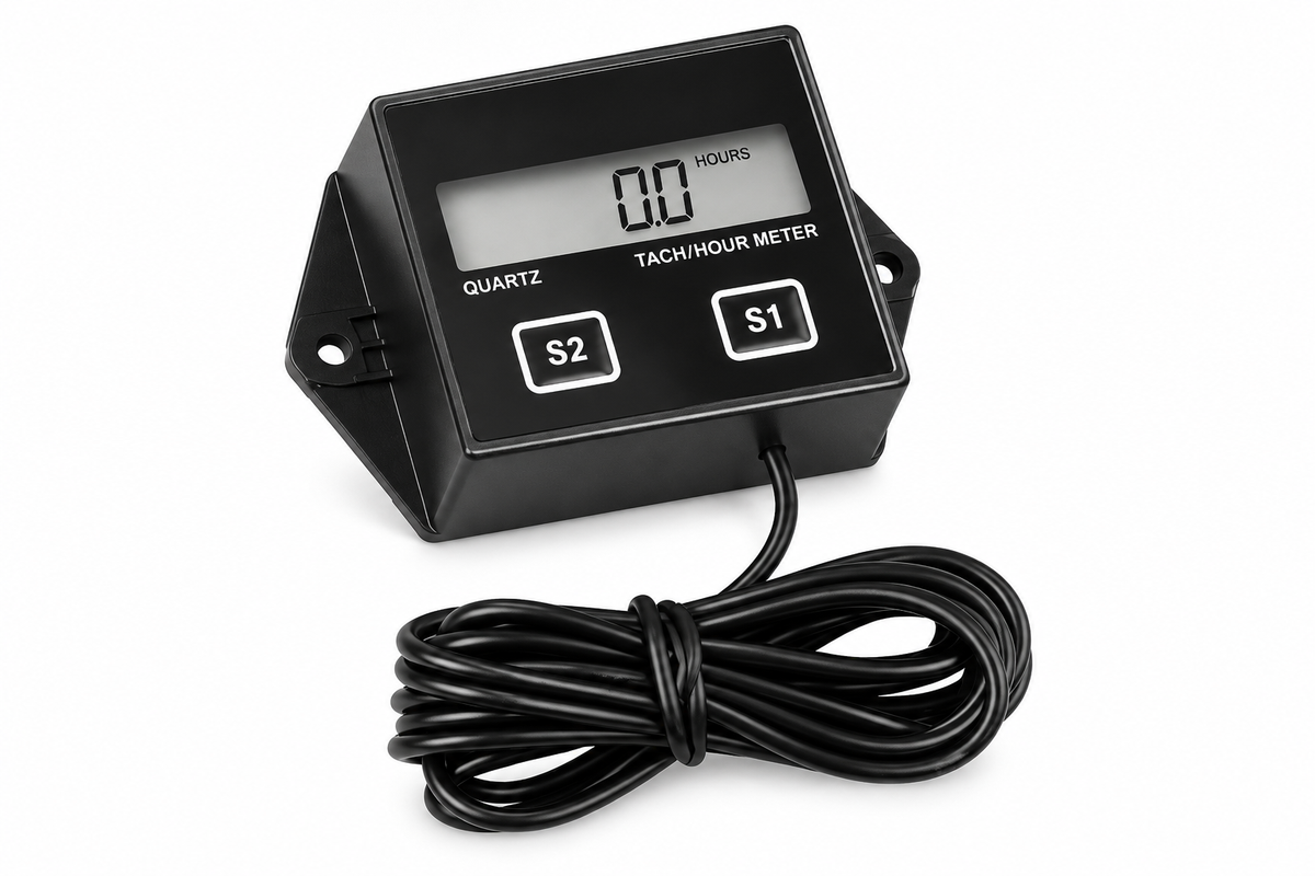 Wired digital engine tachometer hour meter with cable on white background