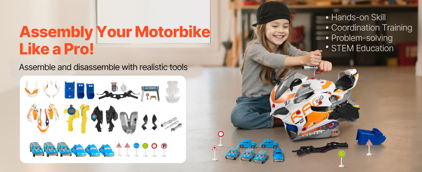 Kids Motorcycle Engine Toy Set with Lights, Sounds & 25 Pieces