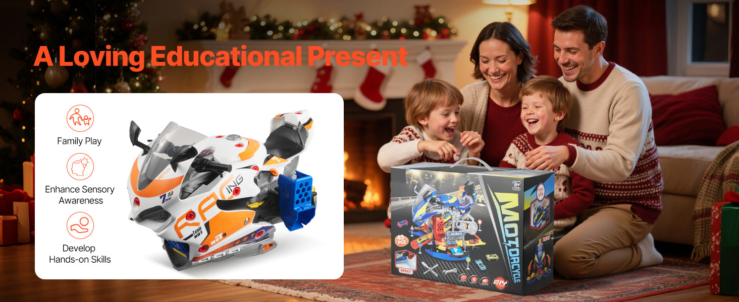 Kids Motorcycle Engine Toy Set with Lights, Sounds & 25 Pieces