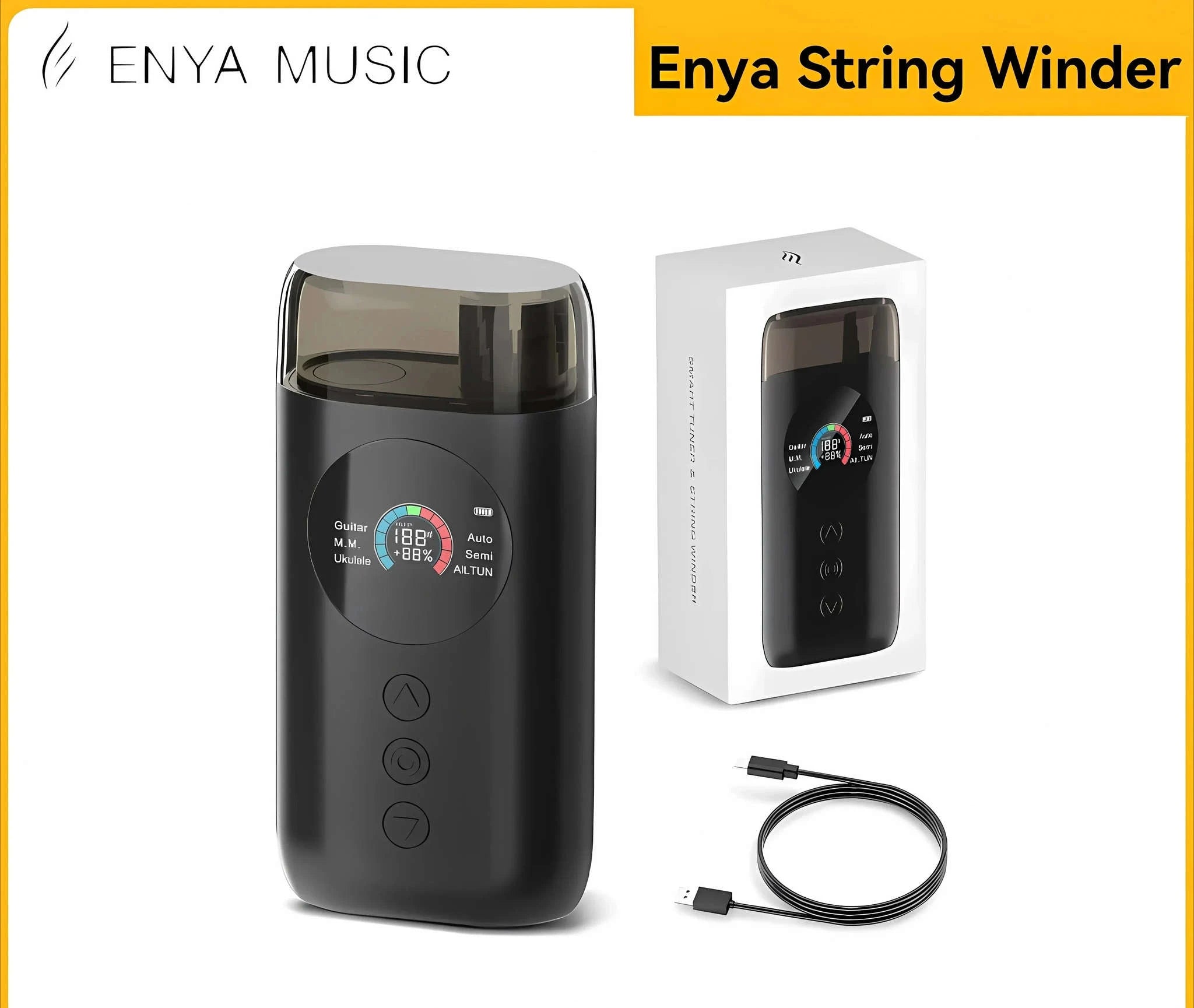 Enya Smart Automatic Guitar Tuner with LCD Screen, Metronome & String Winder-Black