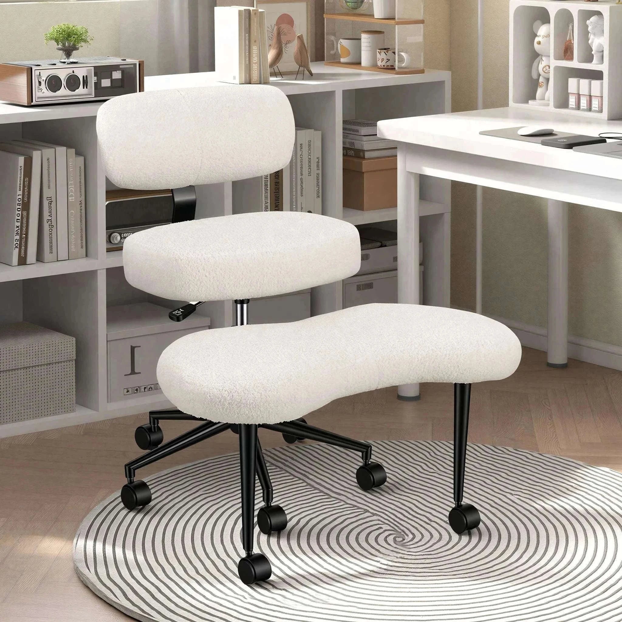 Ergonomic Armless Office Chair with Lumbar Support and Swivel Wheels-Teddy Pink / United States