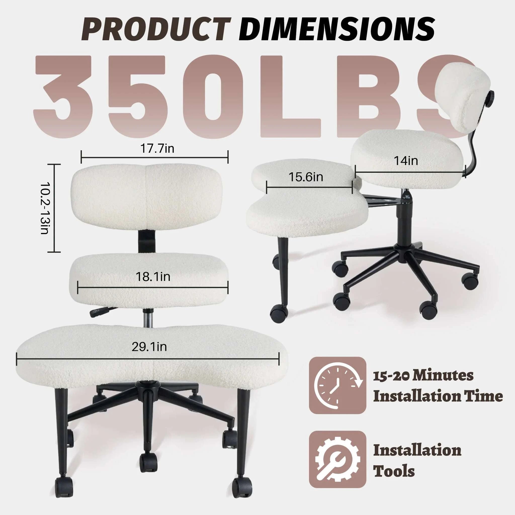 Ergonomic Armless Office Chair with Lumbar Support and Swivel Wheels-Teddy Pink / United States