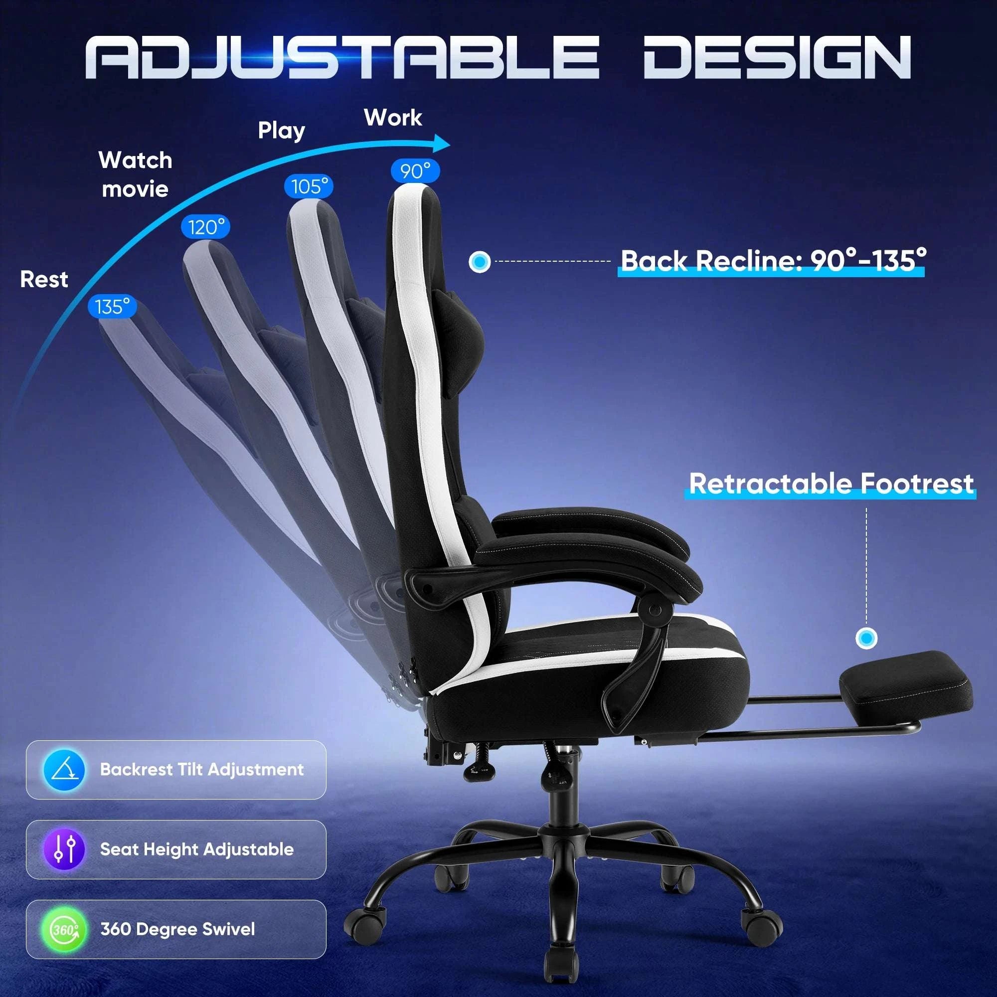 Ergonomic Gaming Chair with Lumbar Support, Recline & Footrest-Pink / United States