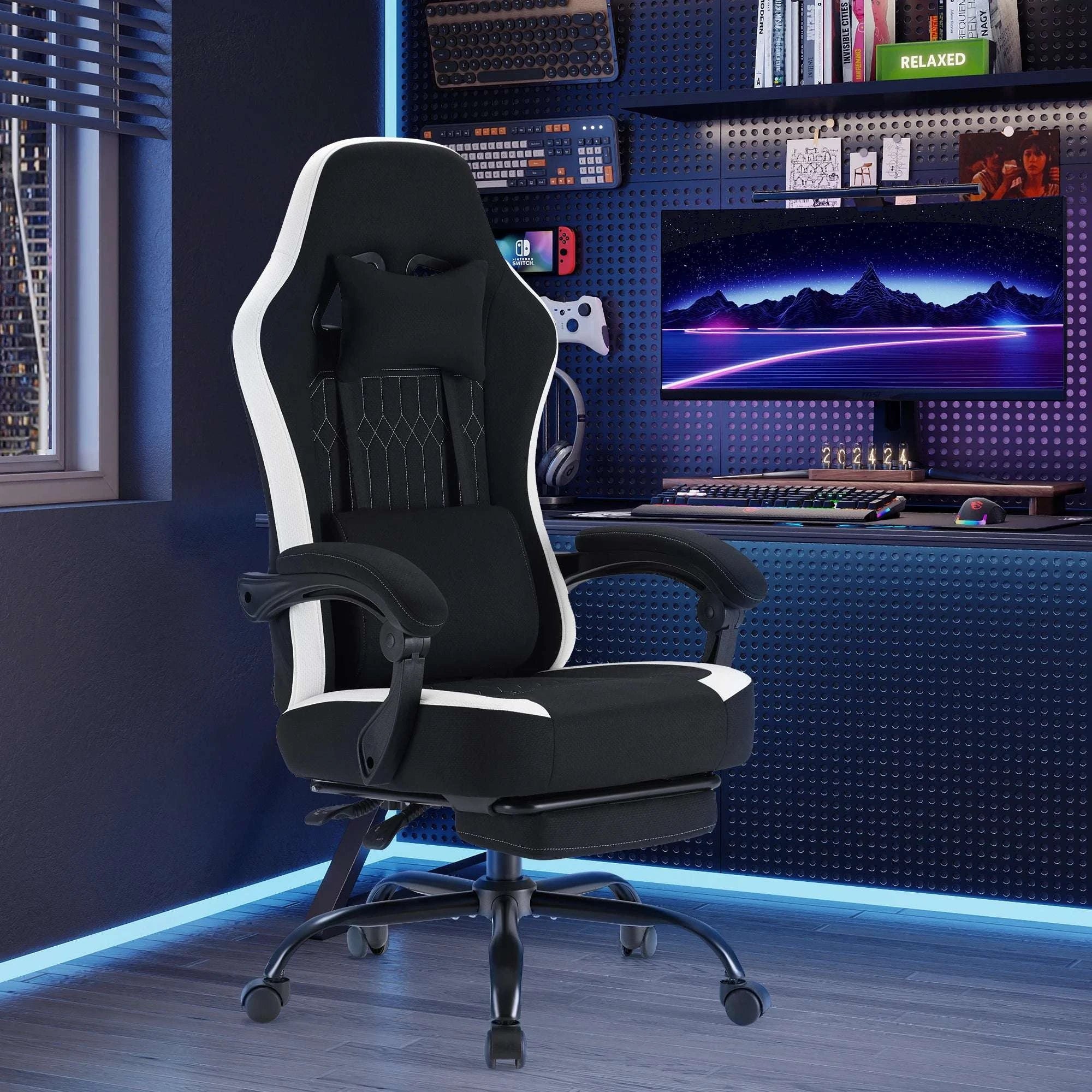 Ergonomic Gaming Chair with Lumbar Support, Recline & Footrest-Pink / United States