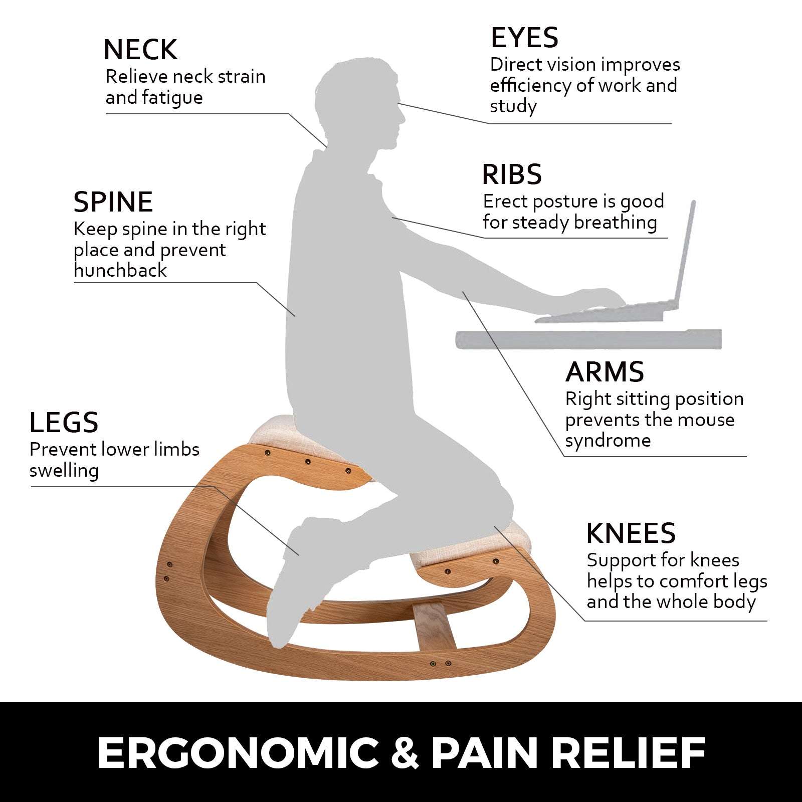 Ergonomic Kneeling Chair with Thick Cushion & Rocking Wood Frame-White Oak / CZECH REPUBLIC