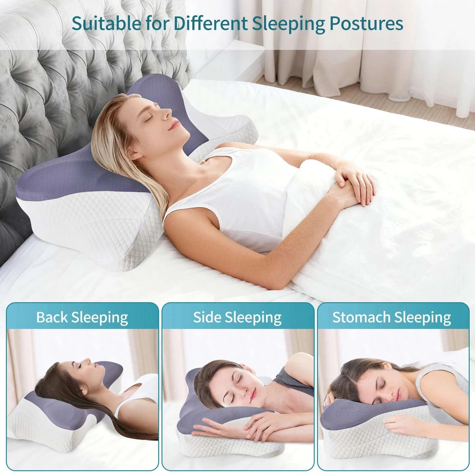 Ergonomic Memory Foam Cervical Pillow with Cooling Cover-Light Grey / United States