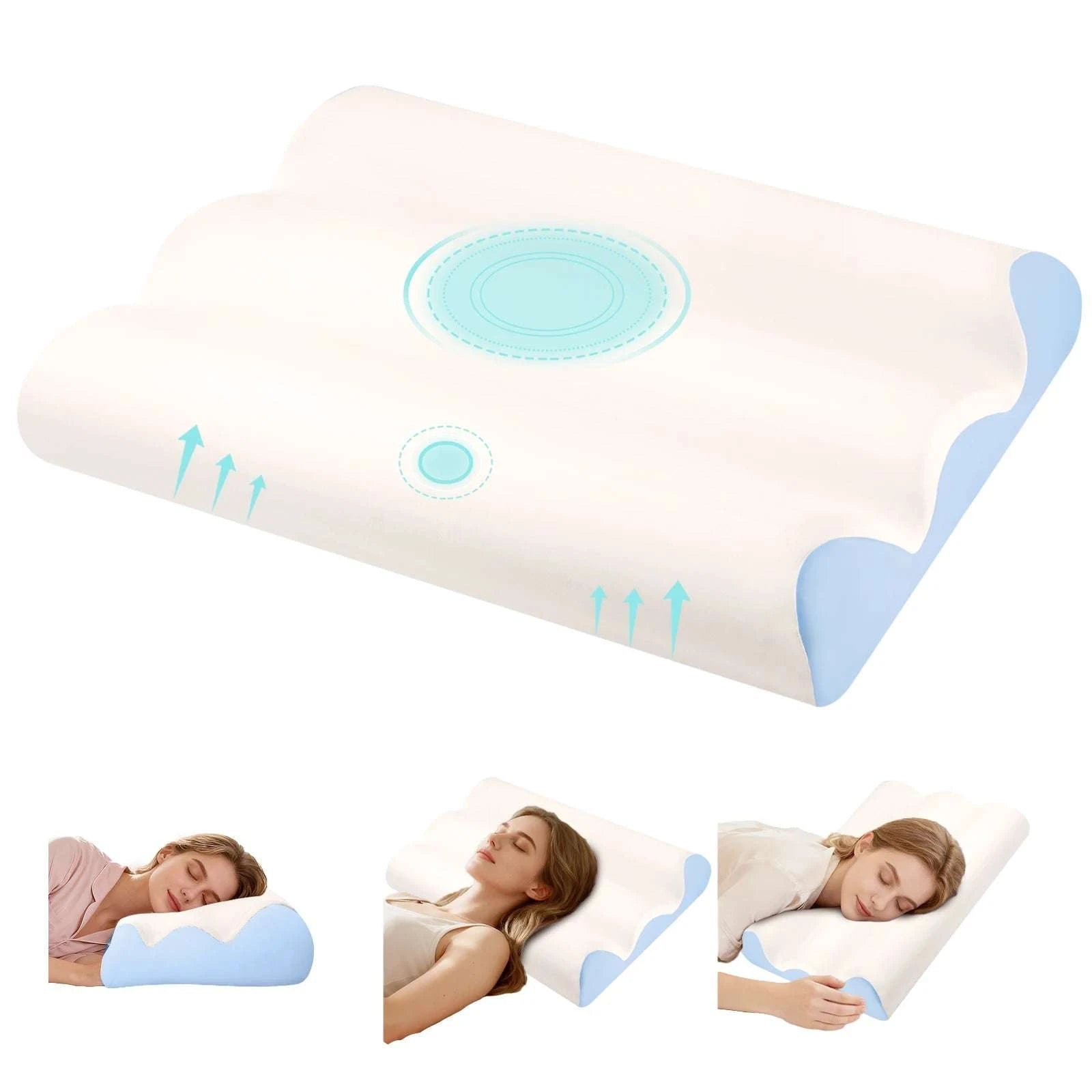 Ergonomic Memory Foam Neck Pillow with Cooling Washable Cover-Blue / United States