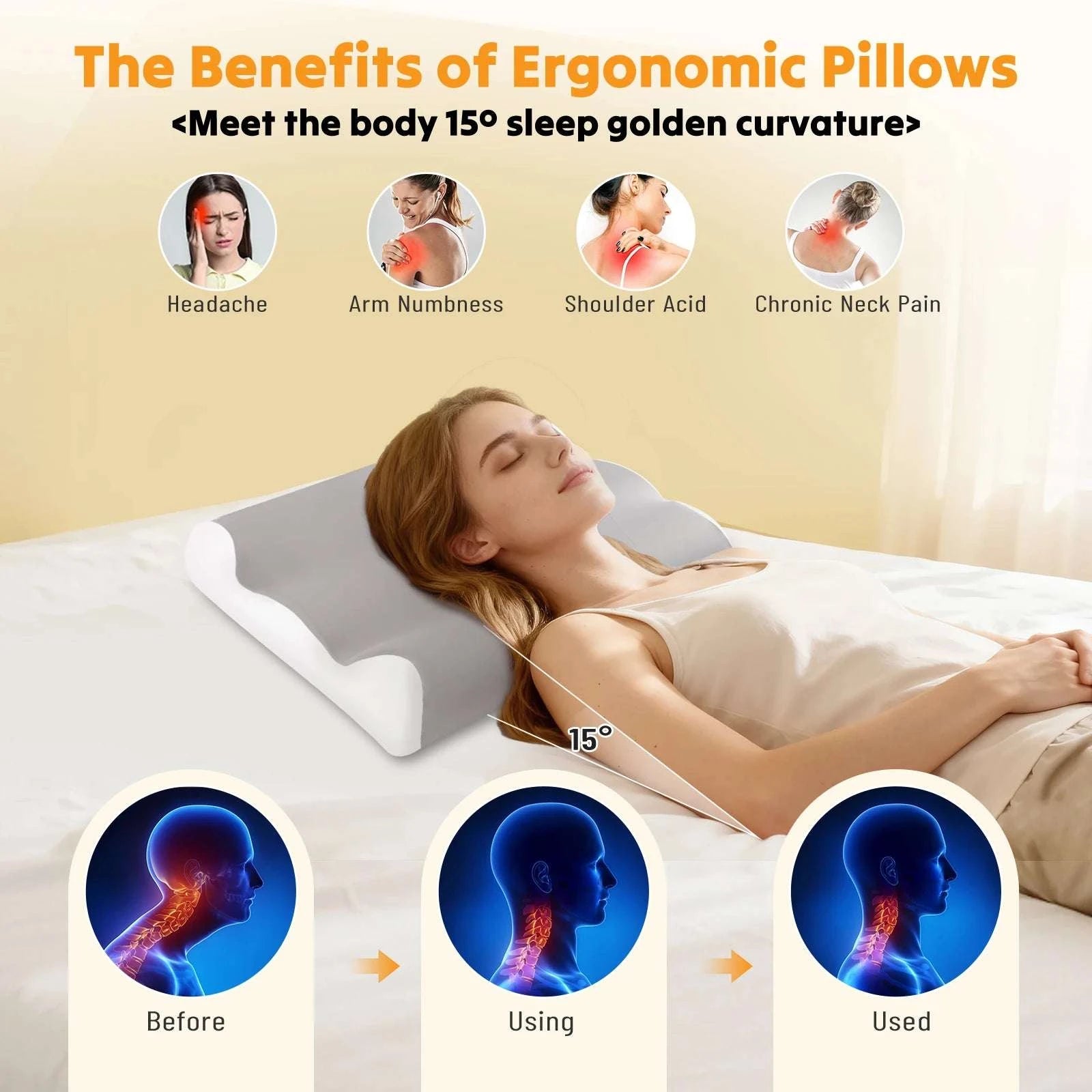 Ergonomic Memory Foam Neck Pillow with Cooling Washable Cover-Blue / United States