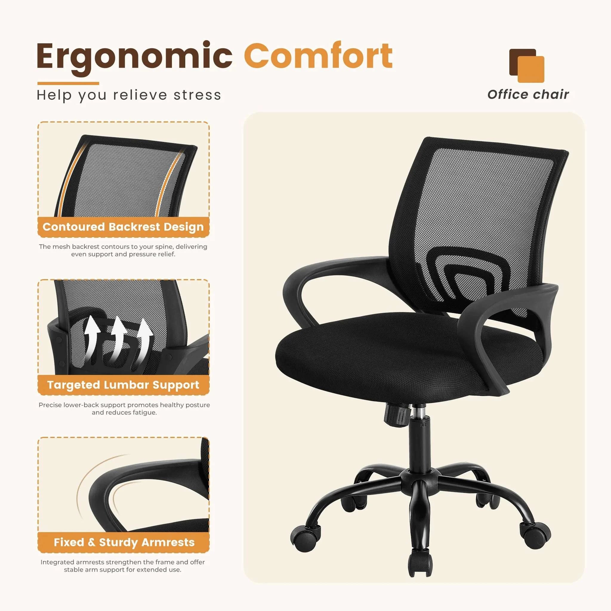 Ergonomic Mesh Office Chair with Lumbar Support & Adjustable Height-Pink / United States