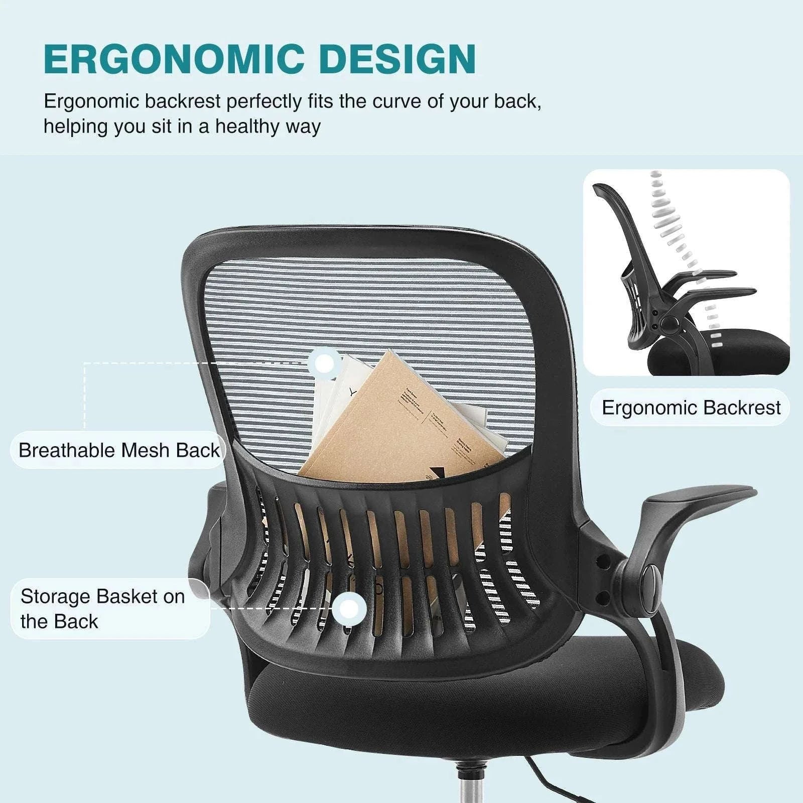 Ergonomic Mesh Office Chair with Lumbar Support & Adjustable Height-Short  flip armrest / GERMANY