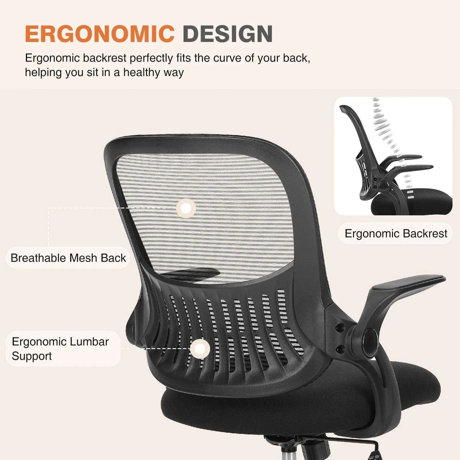 Ergonomic Mesh Office Chair with Lumbar Support & Adjustable Height-Short  flip armrest / GERMANY