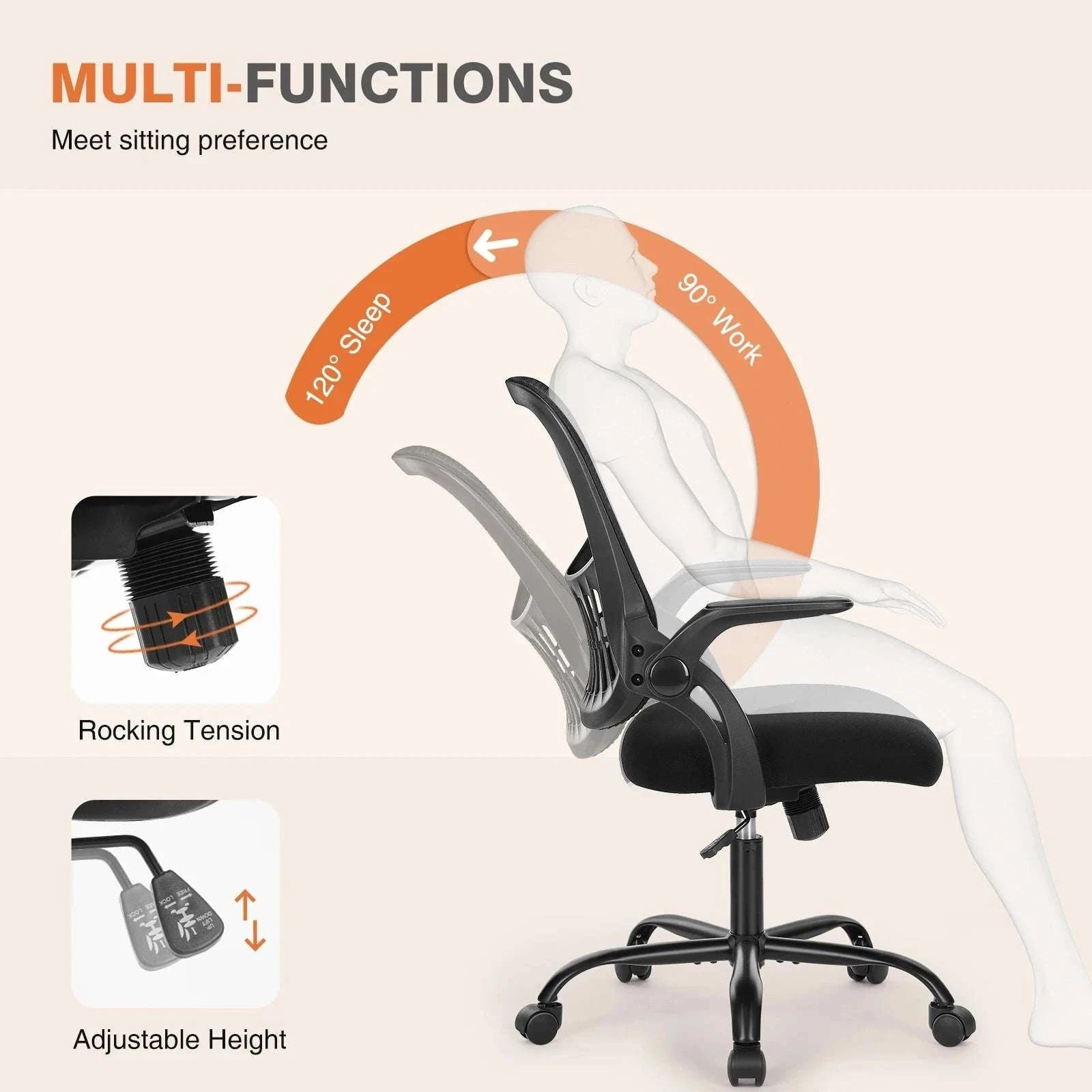 Ergonomic Mesh Office Chair with Lumbar Support & Adjustable Height-Short  flip armrest / GERMANY