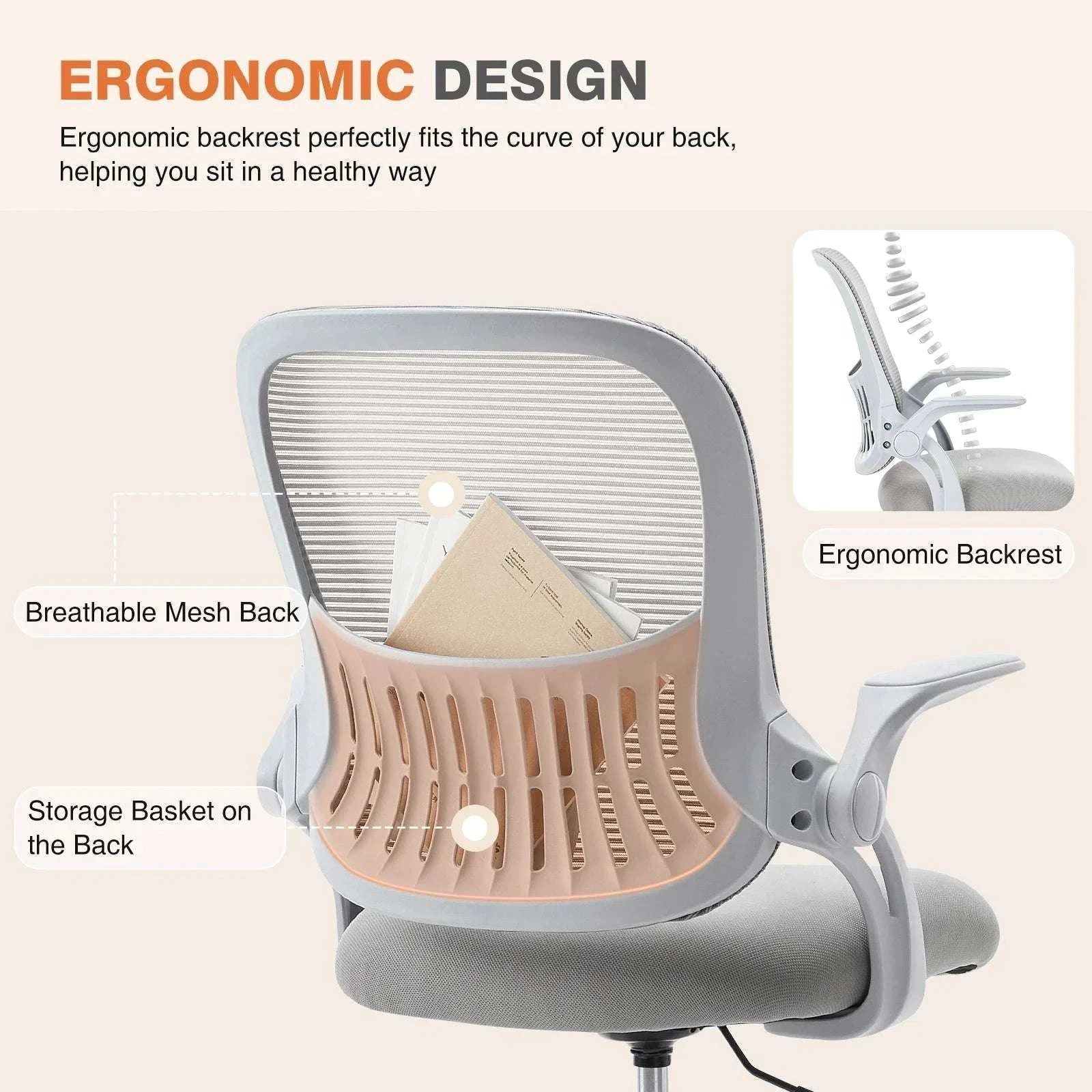 Ergonomic Mesh Office Chair with Lumbar Support & Adjustable Height-Short flip armrest / United States
