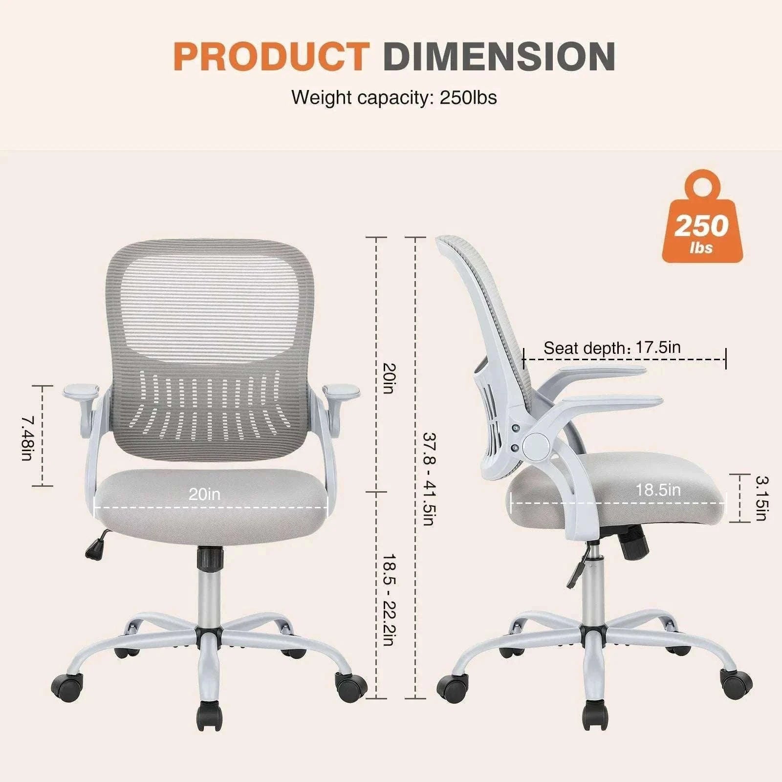 Ergonomic Mesh Office Chair with Lumbar Support & Adjustable Height-Short flip armrest / United States